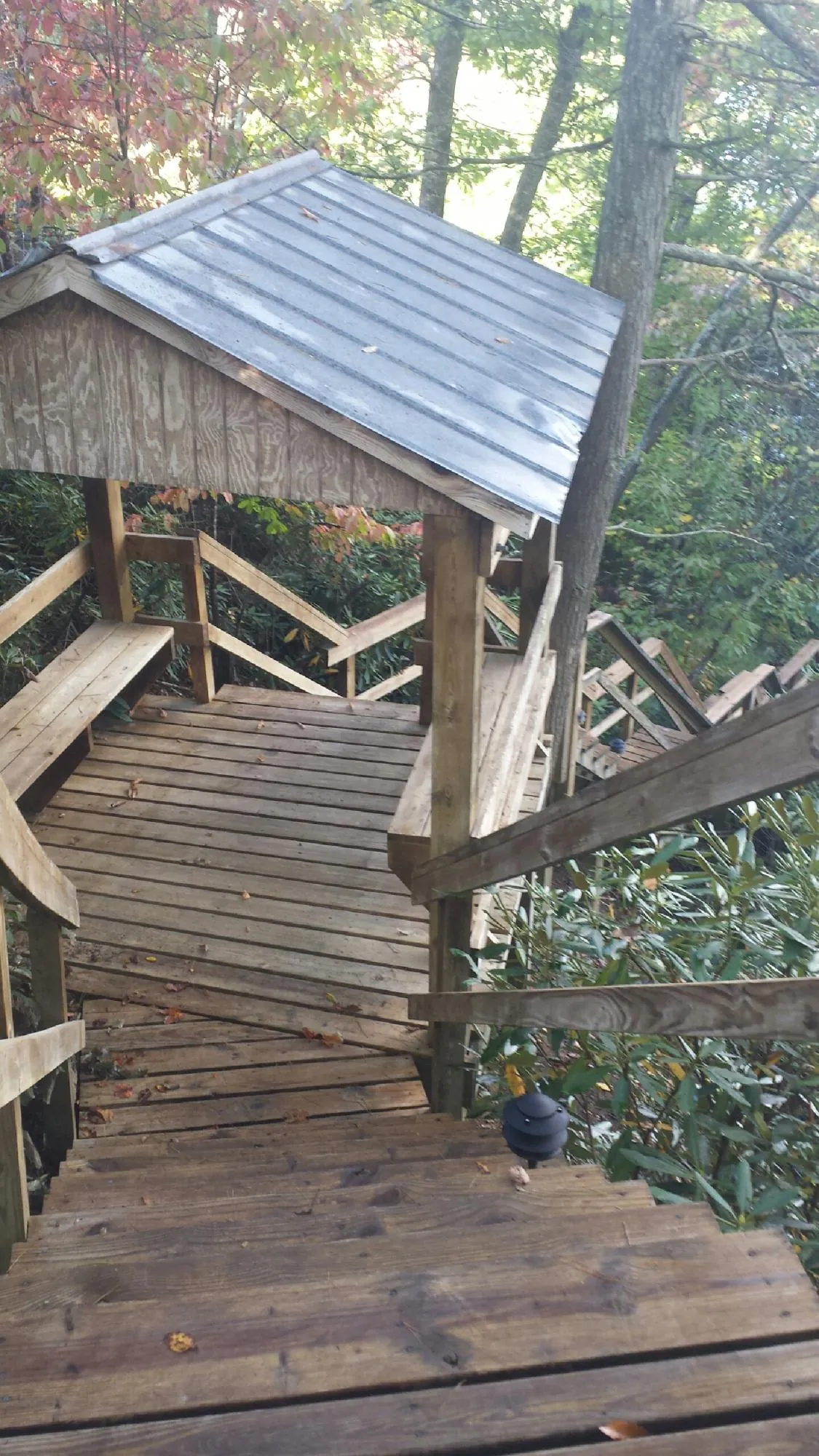 Metal roofed shelter over wooden steps on a wooded walkway — Skylight Repair & Installation work by our crew in Waukee